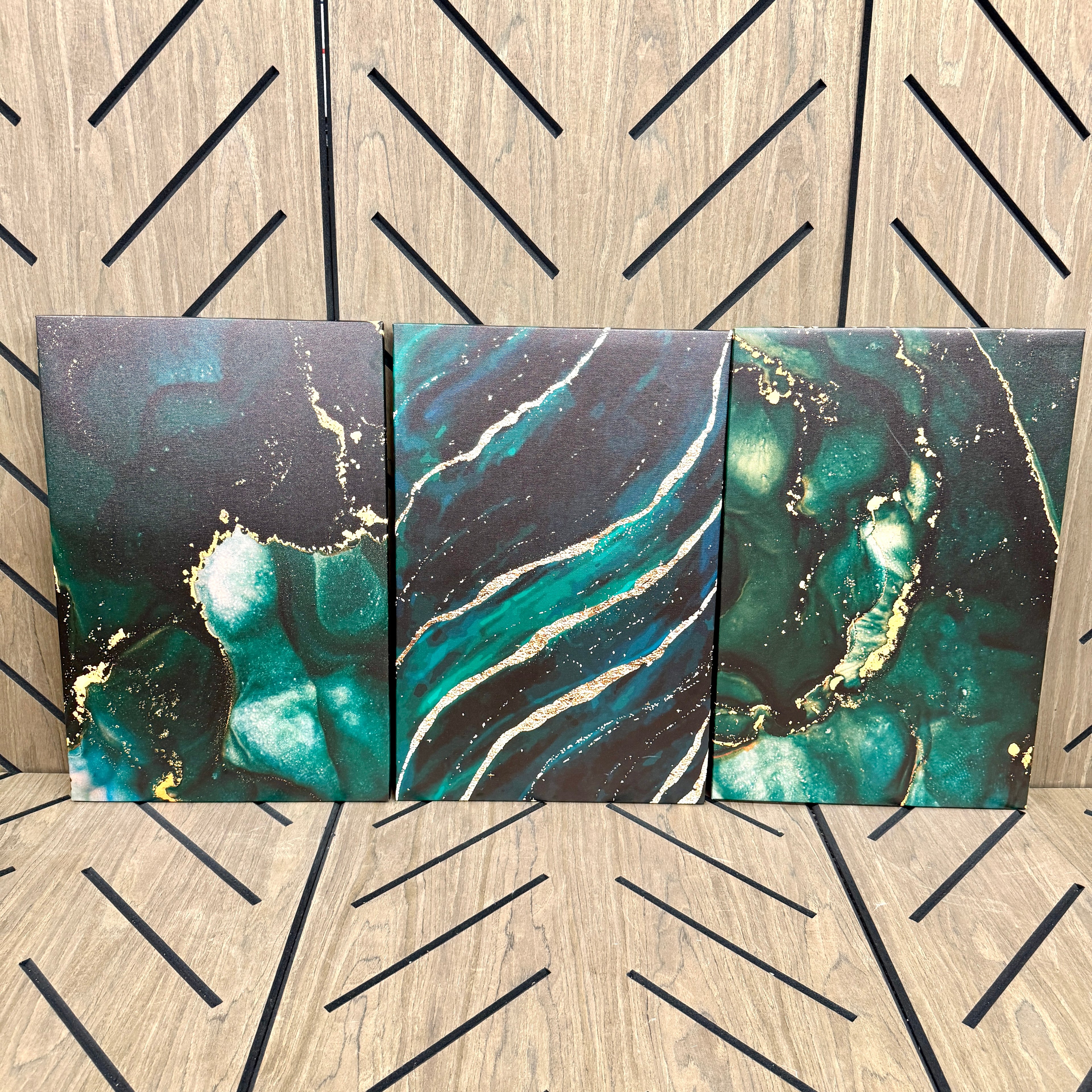 3-Piece Emerald Green & Gold Abstract Canvas Wall Art Set