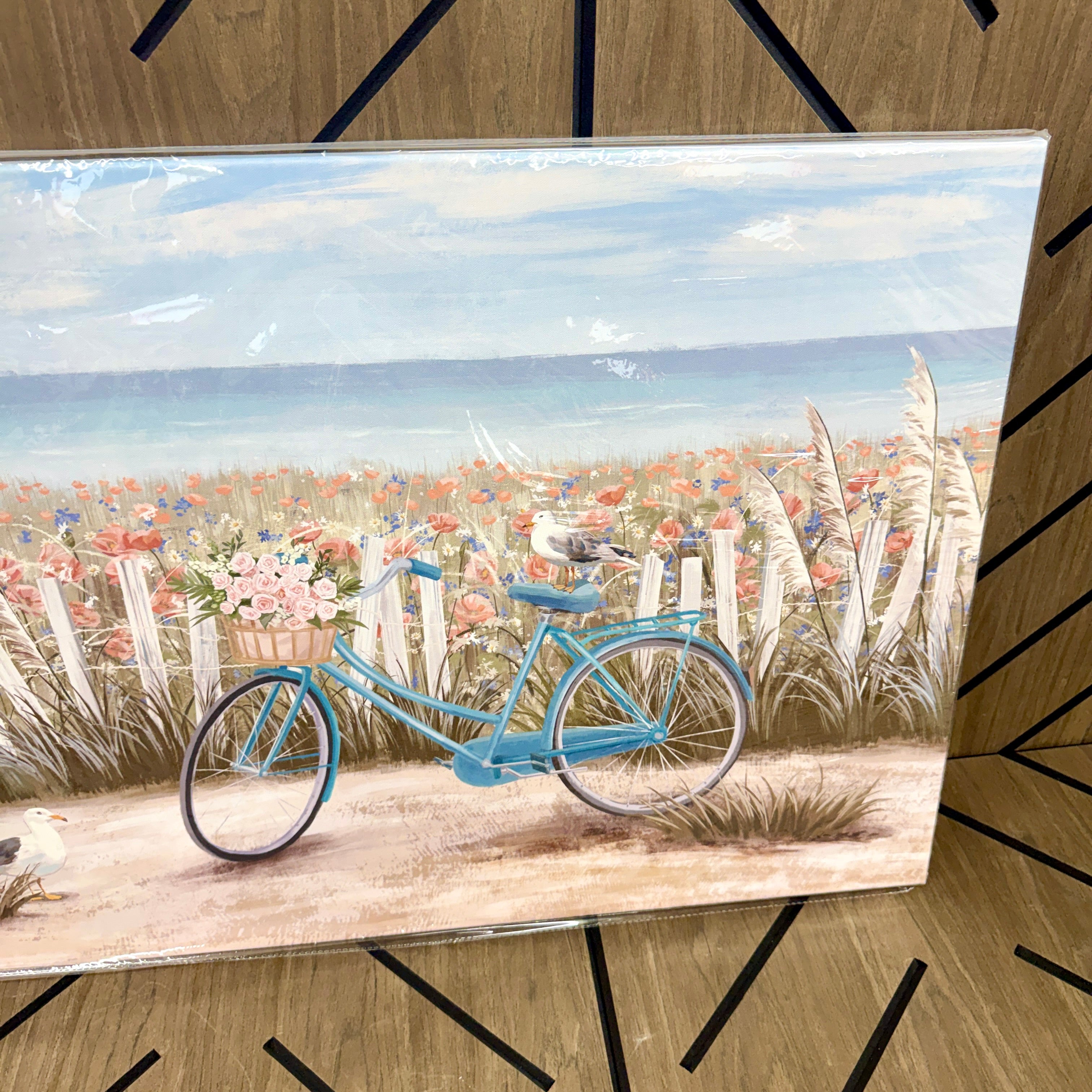 Large Coastal Beach Canvas Wall Art 48x24 | Blue Bicycle Seaside