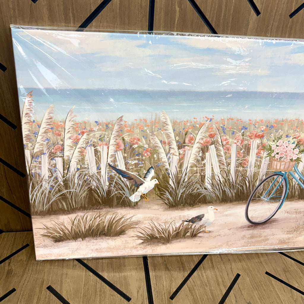 Large Coastal Beach Canvas Wall Art 48x24 | Blue Bicycle Seaside