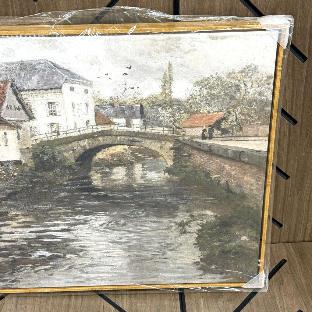 Framed Canal Village Wall Art – 36x24 Rustic Landscape Print