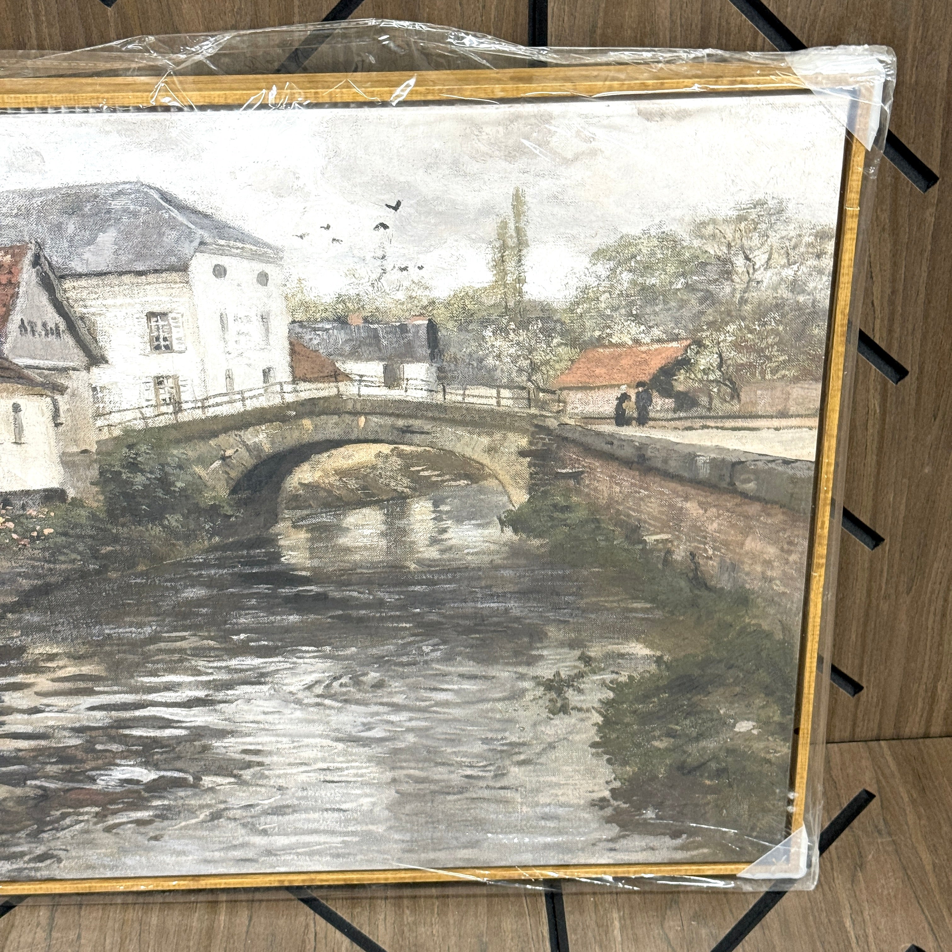 Framed Canal Village Wall Art – 36x24 Rustic Landscape Print
