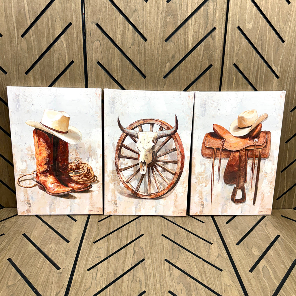 Western Cowboy Canvas Wall Art Set | 3-Piece Farmhouse Prints