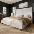 Queen Corduroy Platform Bed Frame with Tall Wingback Headboard - Cream