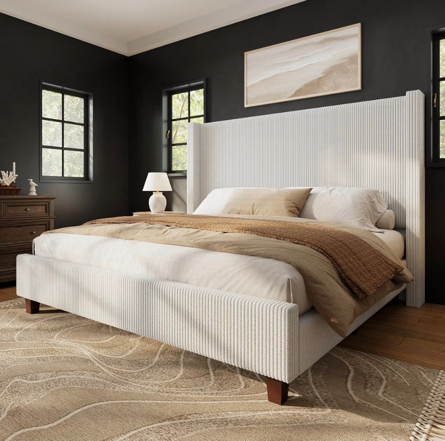 Queen Corduroy Platform Bed Frame with Tall Wingback Headboard - Cream
