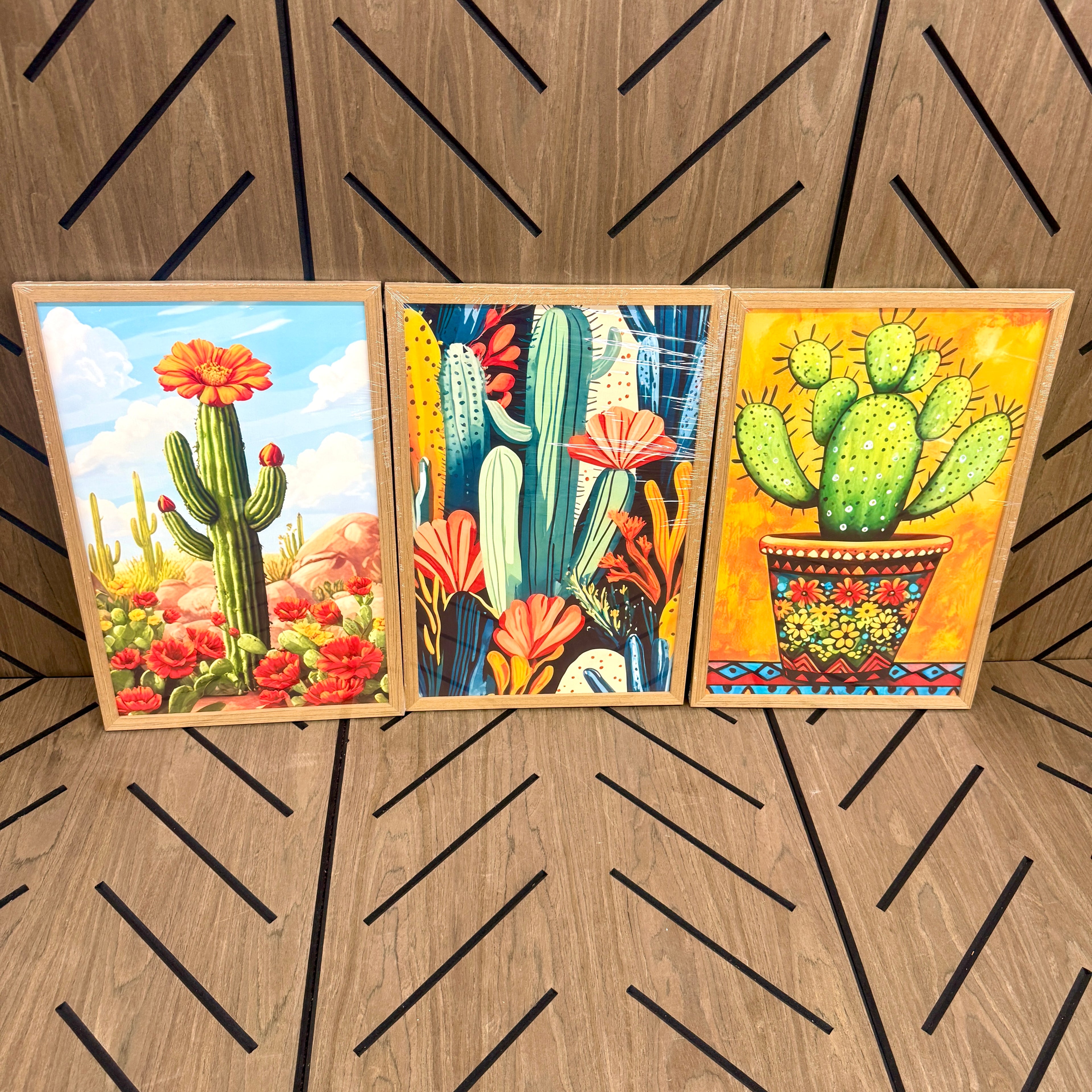 Boho Cactus Wall Art Set of 3 Framed Canvas Prints