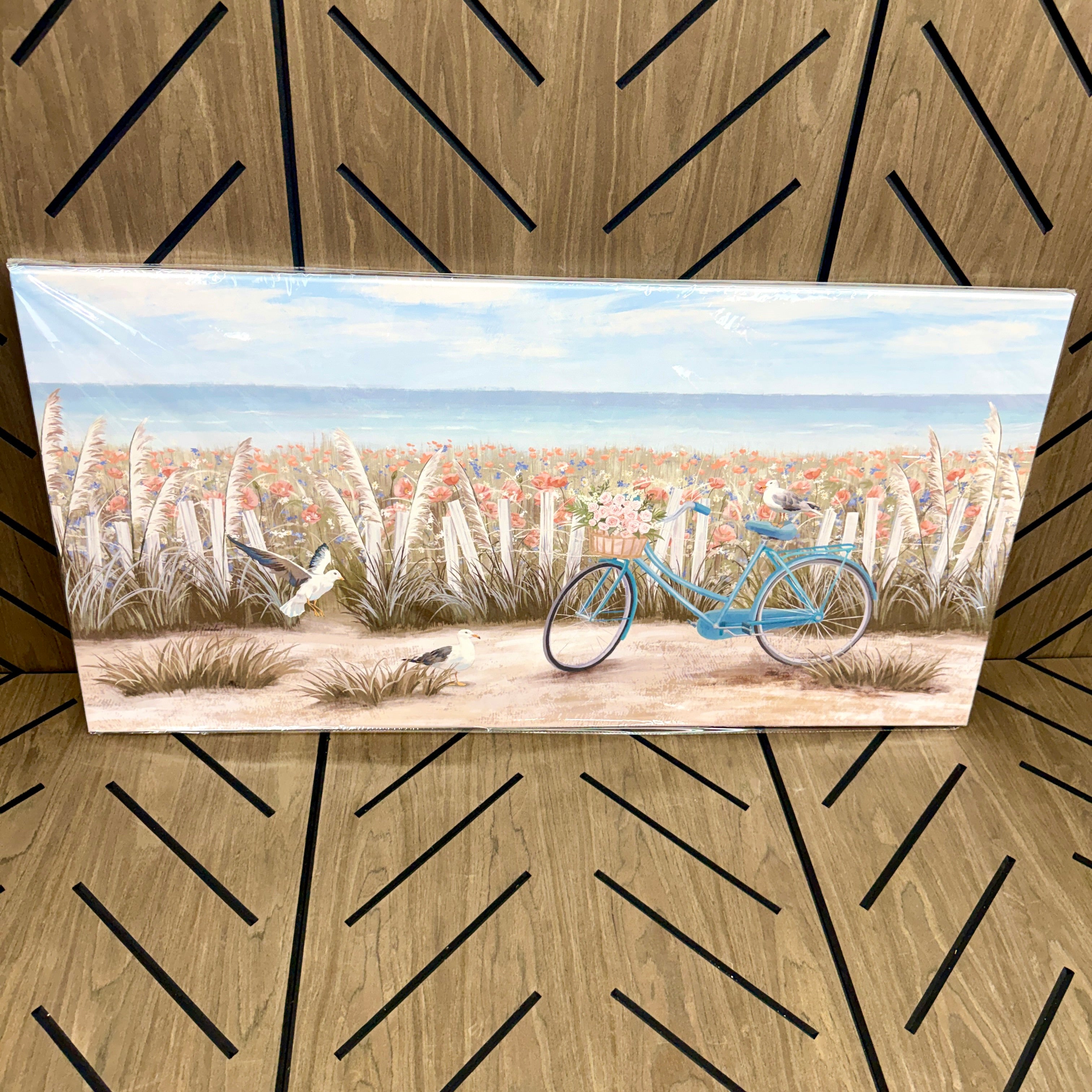 Large Coastal Beach Canvas Wall Art 48x24 | Blue Bicycle Seaside