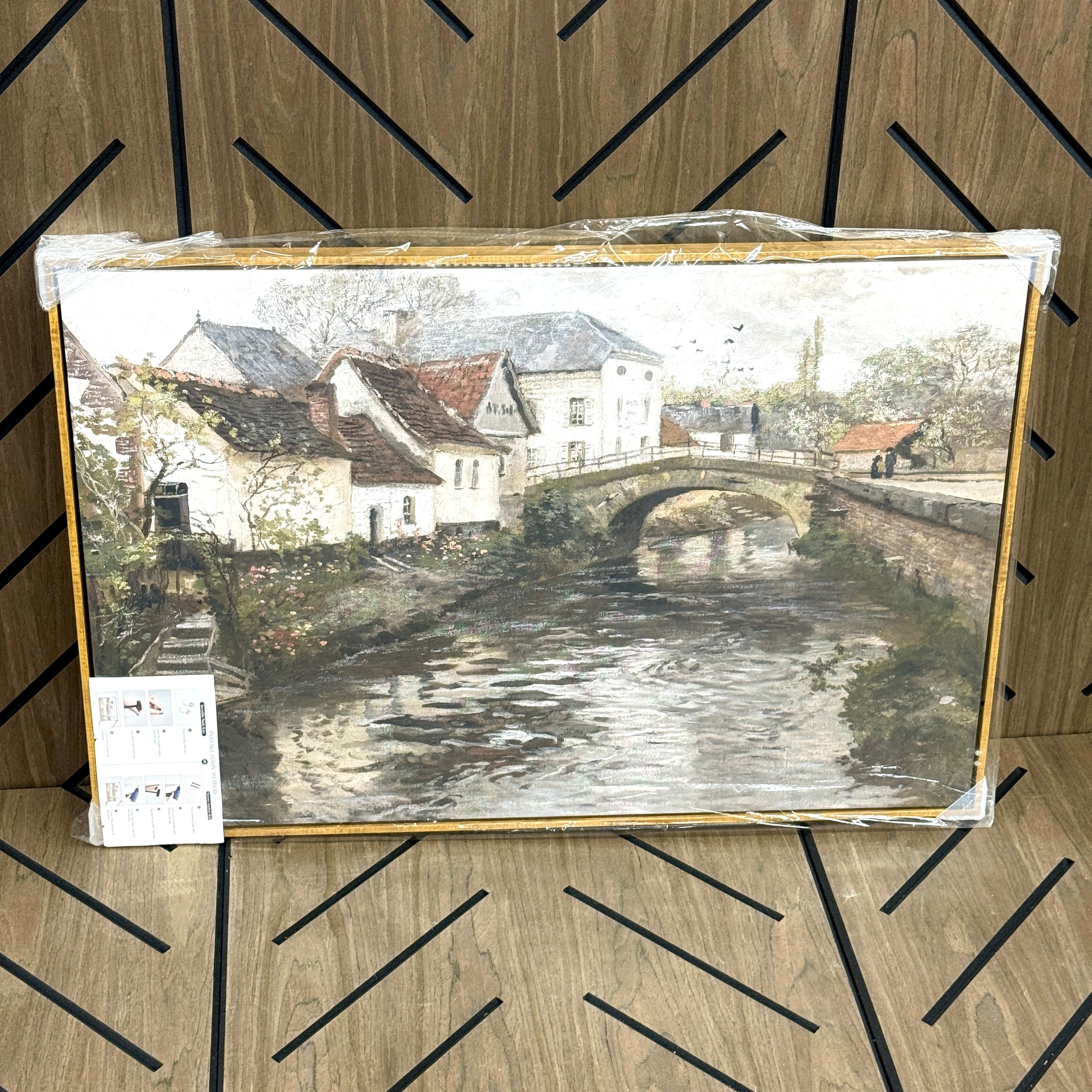 Framed Canal Village Wall Art – 36x24 Rustic Landscape Print