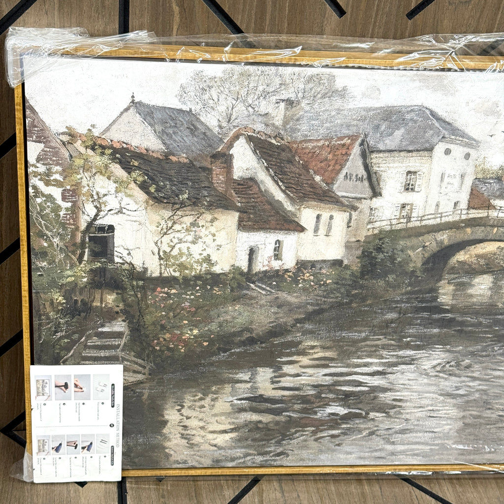 Framed Canal Village Wall Art – 36x24 Rustic Landscape Print