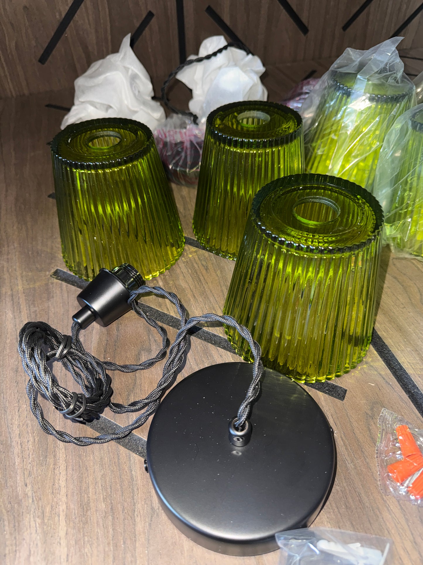 Modern Green Ribbed Glass Pendant Light Set (3-Pack)