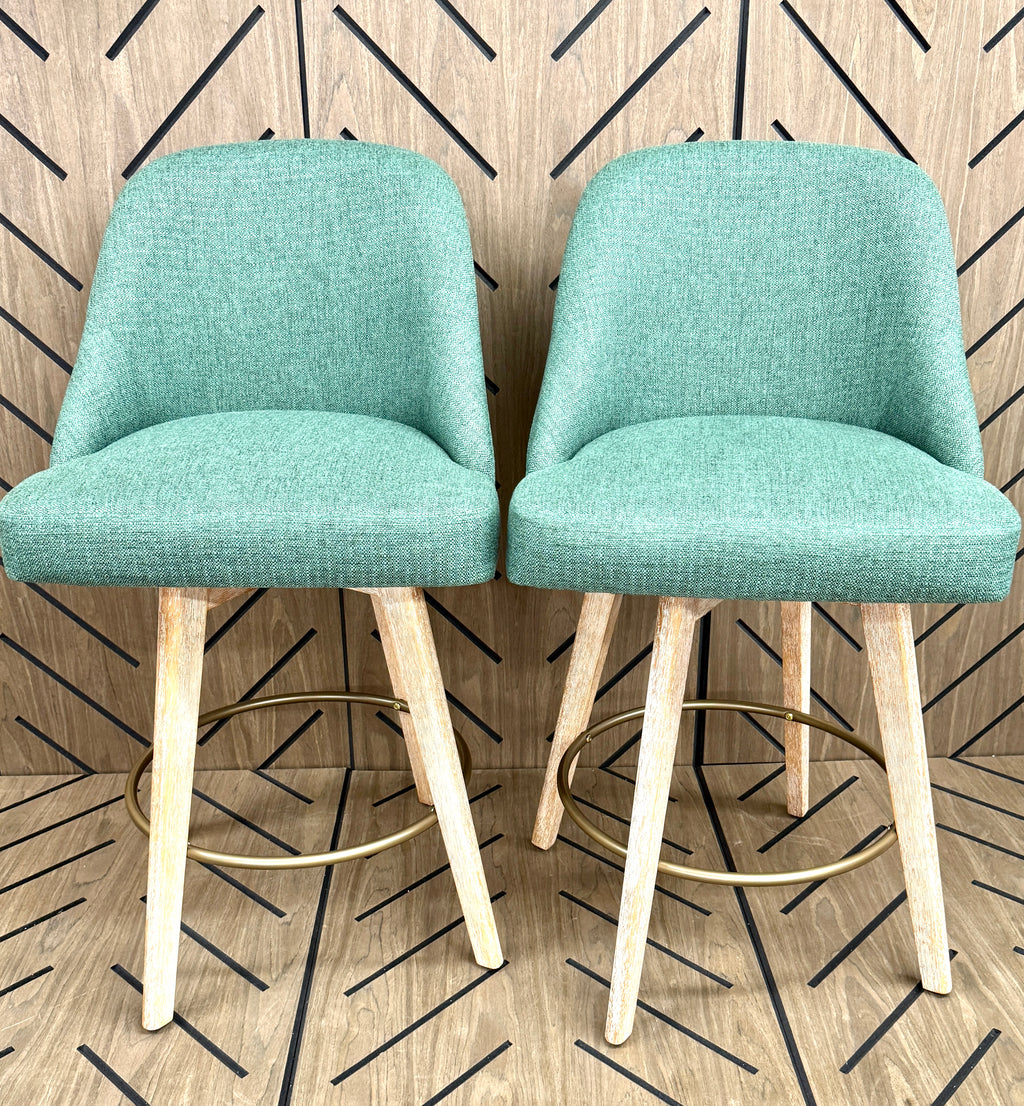 Set of 2 Green Upholstered Swivel Counter Stools 26in