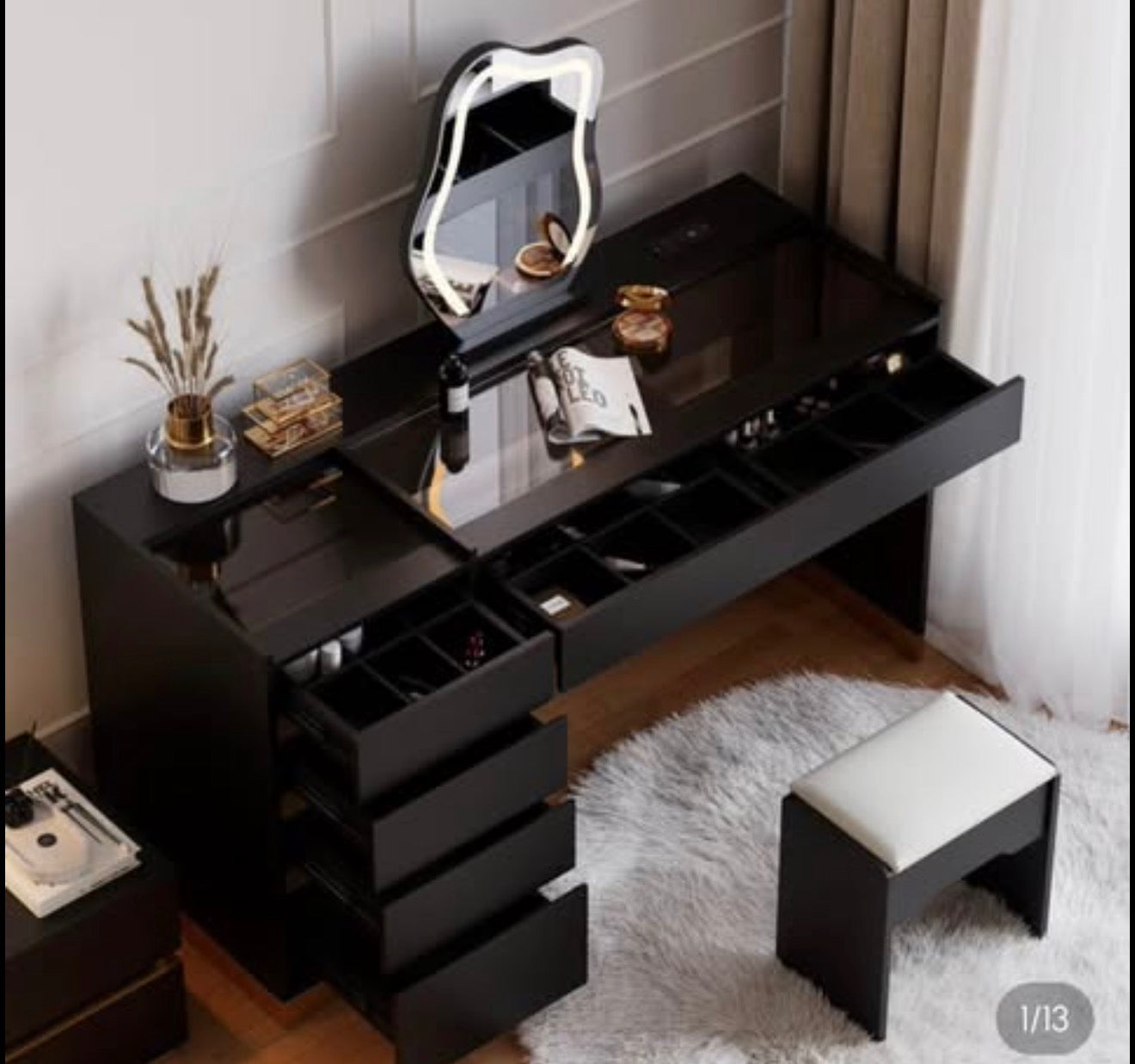 Homary Black LED Makeup Vanity Desk Set w/ Lighted Mirror & Stool