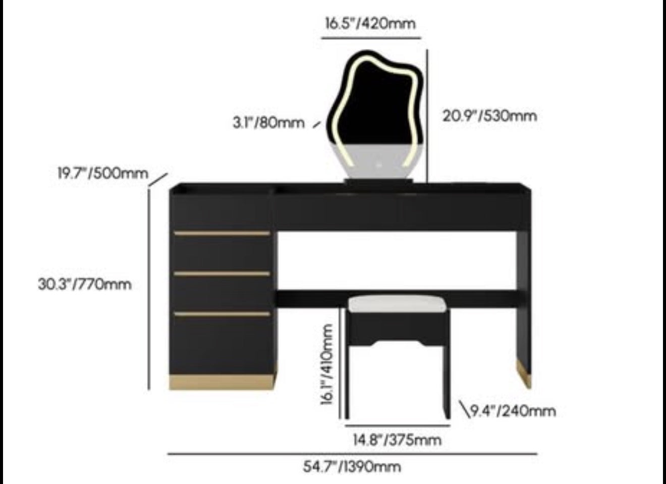 Homary Black LED Makeup Vanity Desk Set w/ Lighted Mirror & Stool