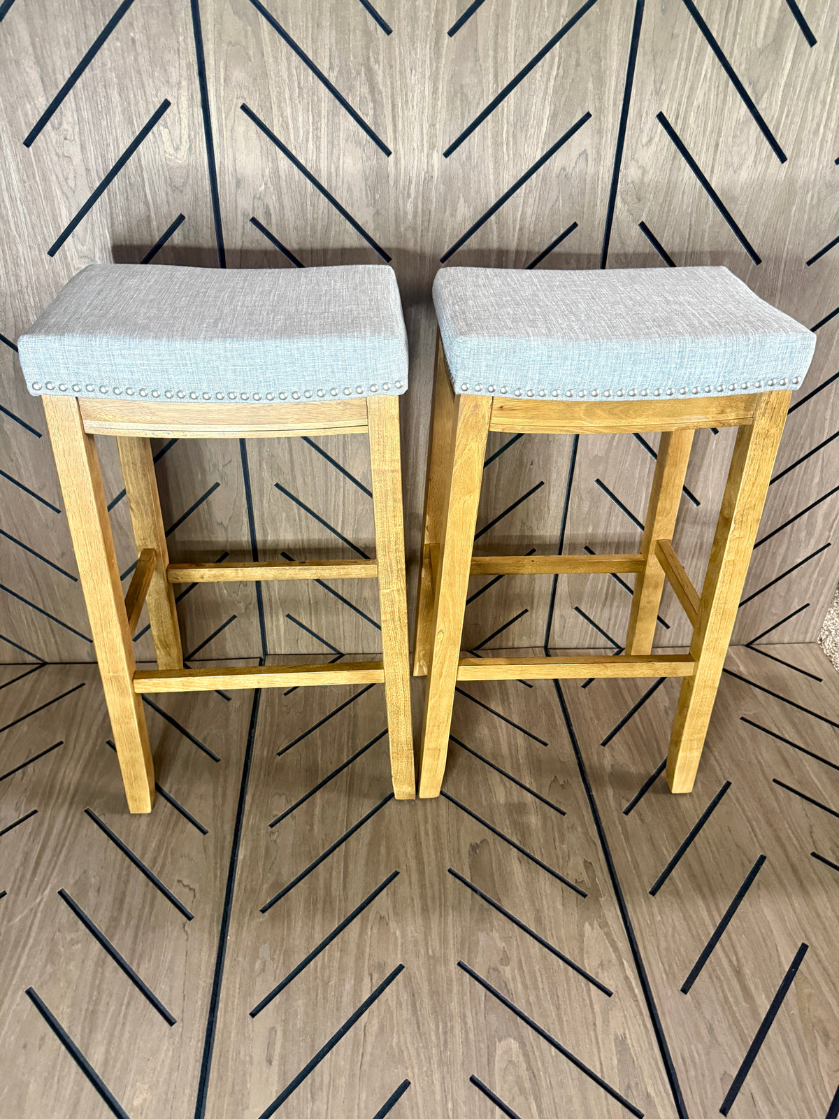 2-Piece Wood Bar Stool Set - Gray Cushioned Seats - Brand New Assembled
