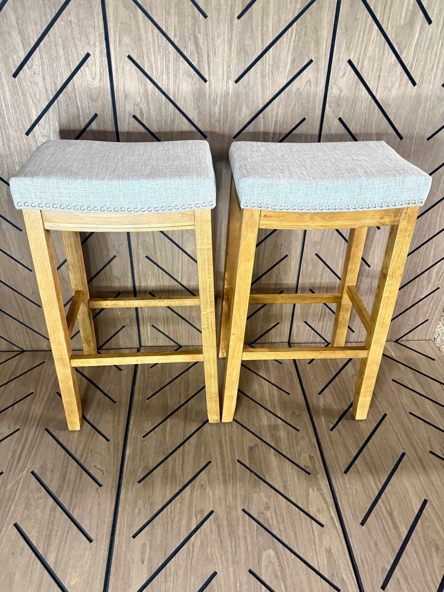 2-Piece Wood Bar Stool Set - Gray Cushioned Seats - Brand New Assembled