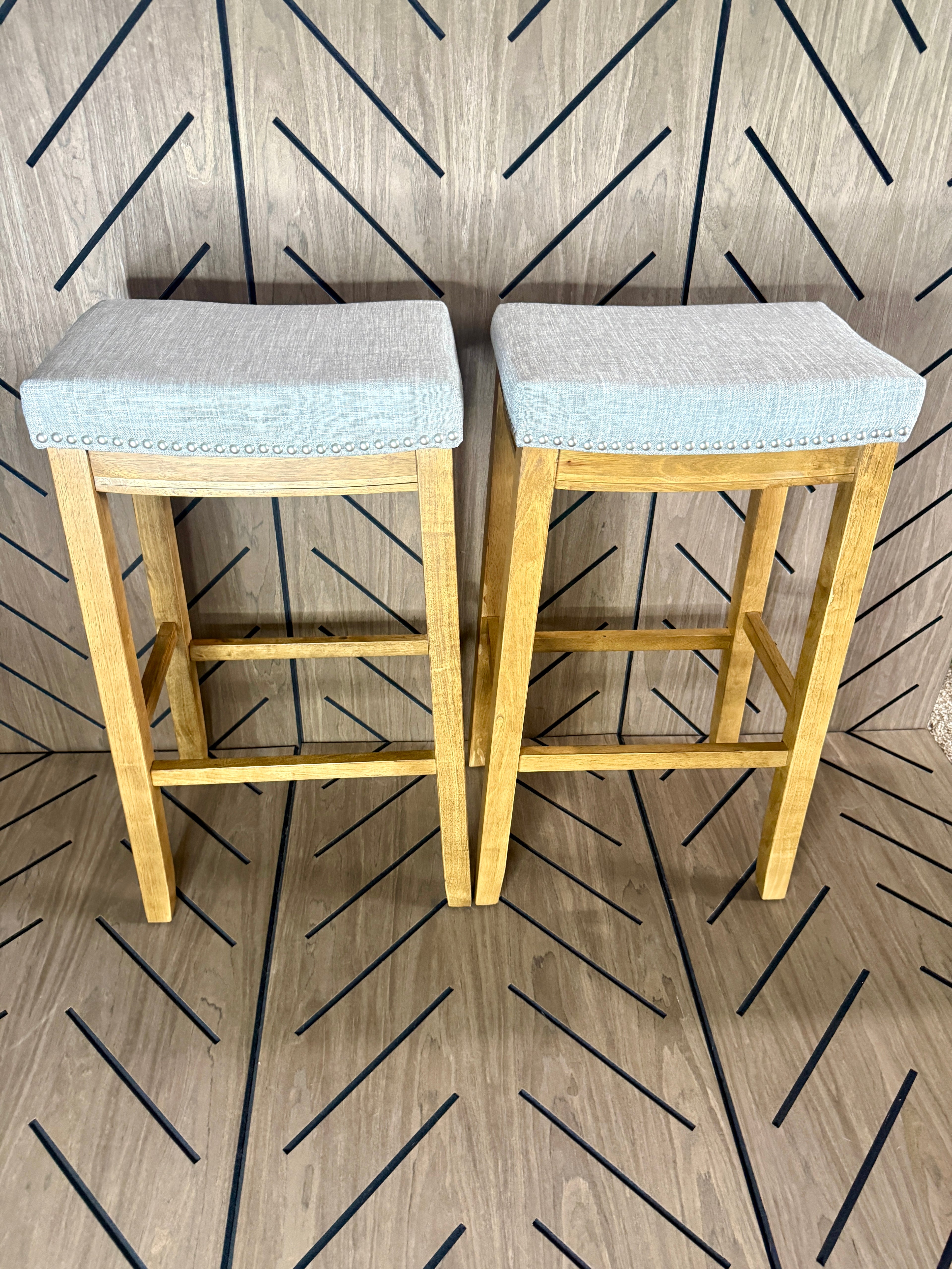 2-Piece Wood Bar Stool Set - Gray Cushioned Seats - Brand New Assembled