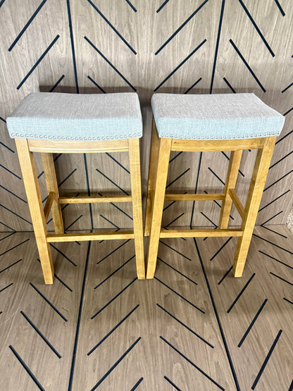 2-Piece Wood Bar Stool Set - Gray Cushioned Seats - Brand New Assembled