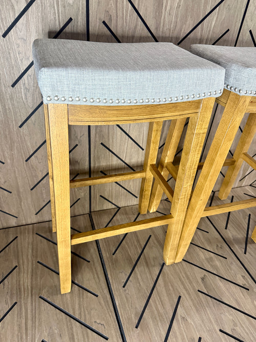 2-Piece Wood Bar Stool Set - Gray Cushioned Seats - Brand New Assembled