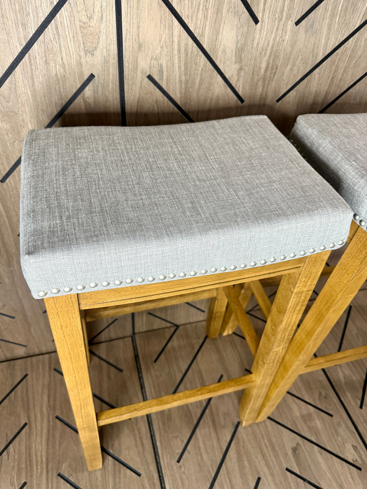 2-Piece Wood Bar Stool Set - Gray Cushioned Seats - Brand New Assembled
