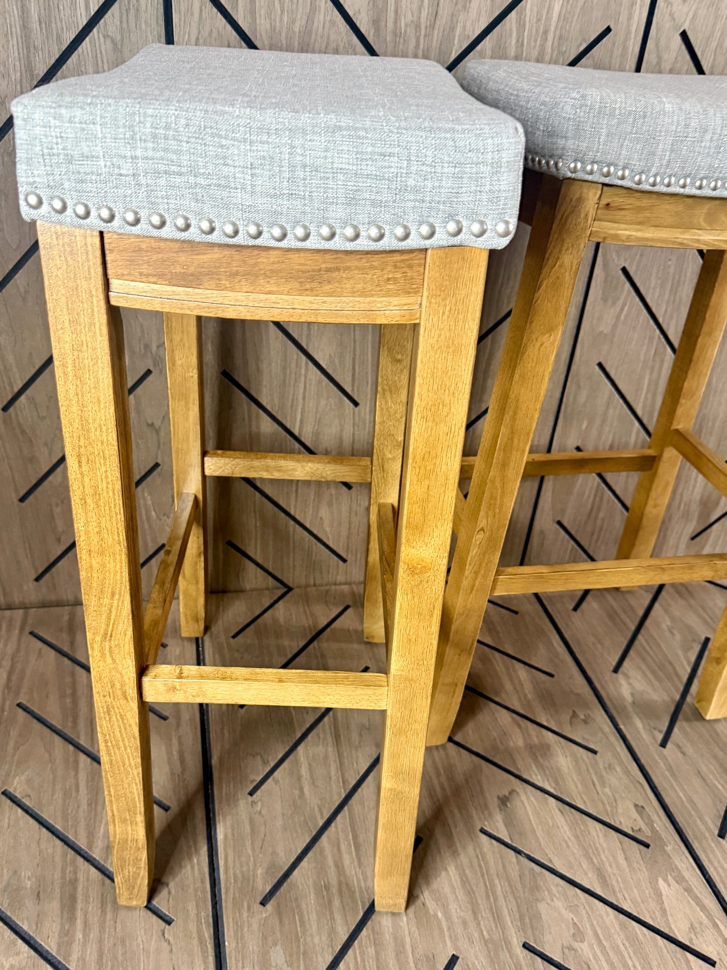 2-Piece Wood Bar Stool Set - Gray Cushioned Seats - Brand New Assembled