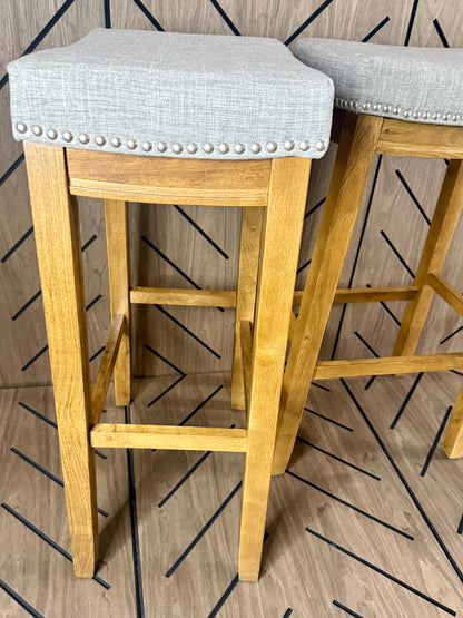 2-Piece Wood Bar Stool Set - Gray Cushioned Seats - Brand New Assembled