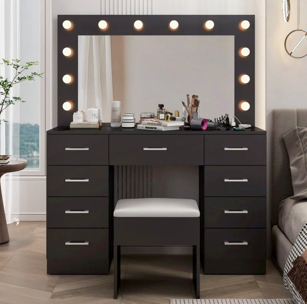NEW Black Makeup Vanity Desk with Lighted Mirror & Stool | Open Box