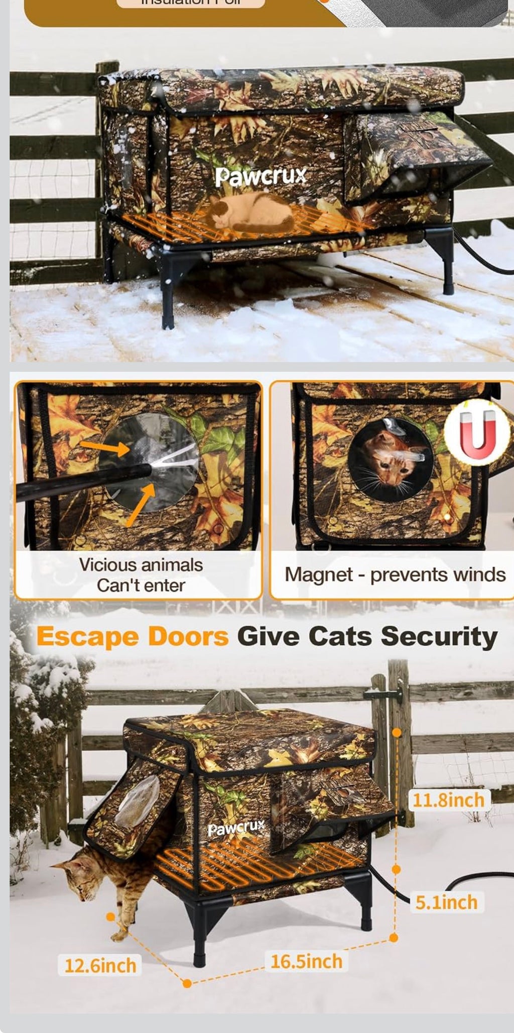 Heated Outdoor Cat House Waterproof Insulated Kitty Shelter Camo