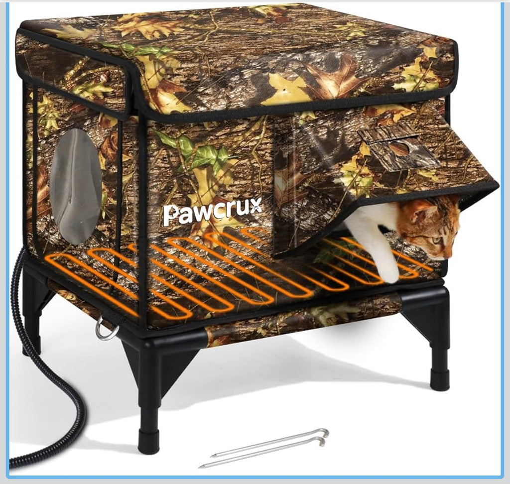 Heated Outdoor Cat House Waterproof Insulated Kitty Shelter Camo