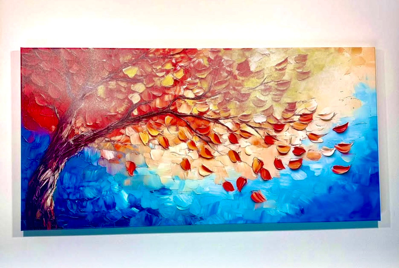 40x20 Textured Autumn Tree Canvas Wall Art - Orange Blue Abstract