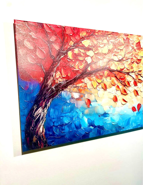 40x20 Textured Autumn Tree Canvas Wall Art - Orange Blue Abstract